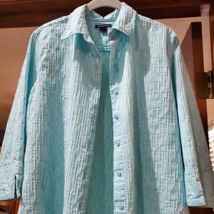 Shirt, button front, 3/4 length sleeve, teal, textured, Size P14
